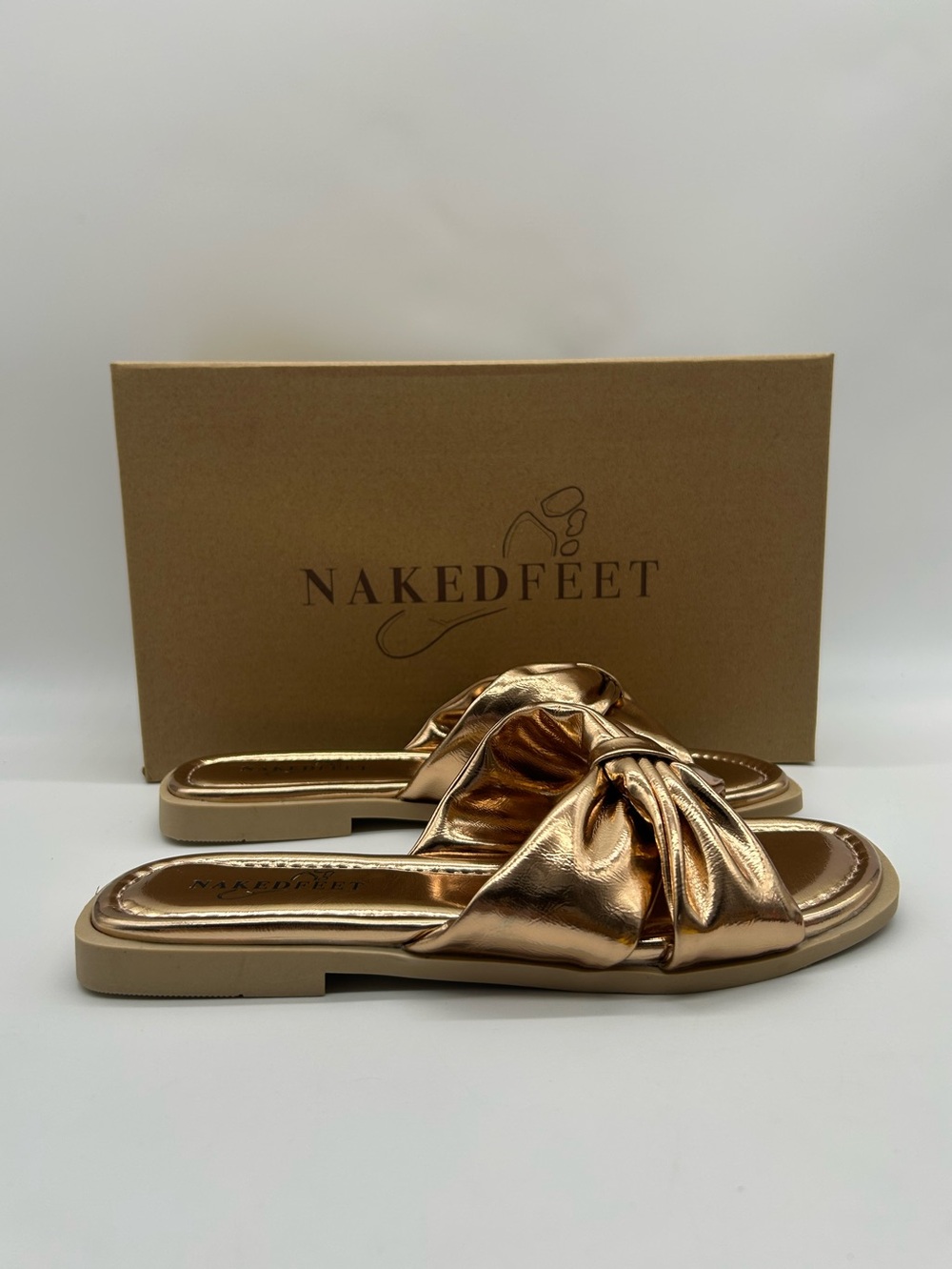 Naked Feet Goa Bronze Metallic Bow Slip On Sandals Vegan Size 7 NWB - Picture 11 of 11